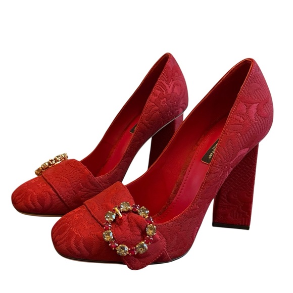 Dolce & Gabbana Red Brocade Crystal Embellished Block Heel Pumps EU 39.5 US 9.5 - Picture 1 of 13